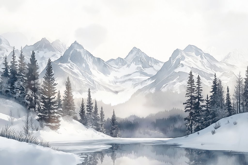 Stille Bucht vor Schneebergen — ganzes Design