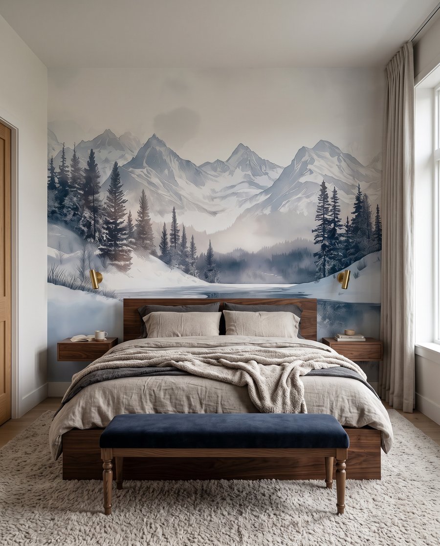 Stille Bucht vor Schneebergen in einem Interieur