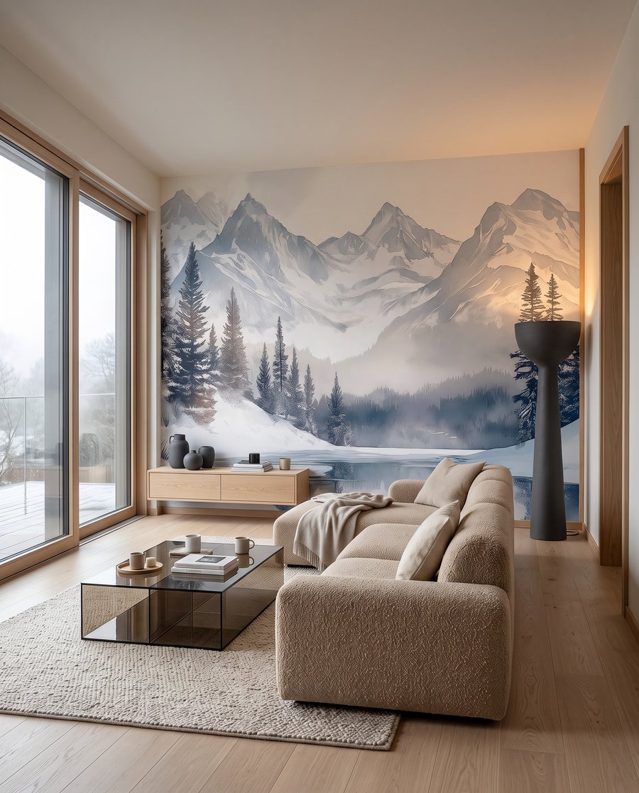 Stille Bucht vor Schneebergen in einem Interieur