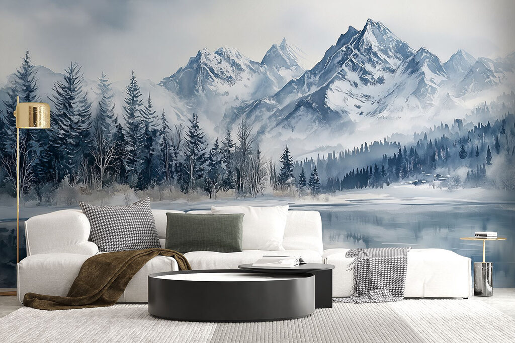 Winterwald im Spiegelbild in einem Interieur