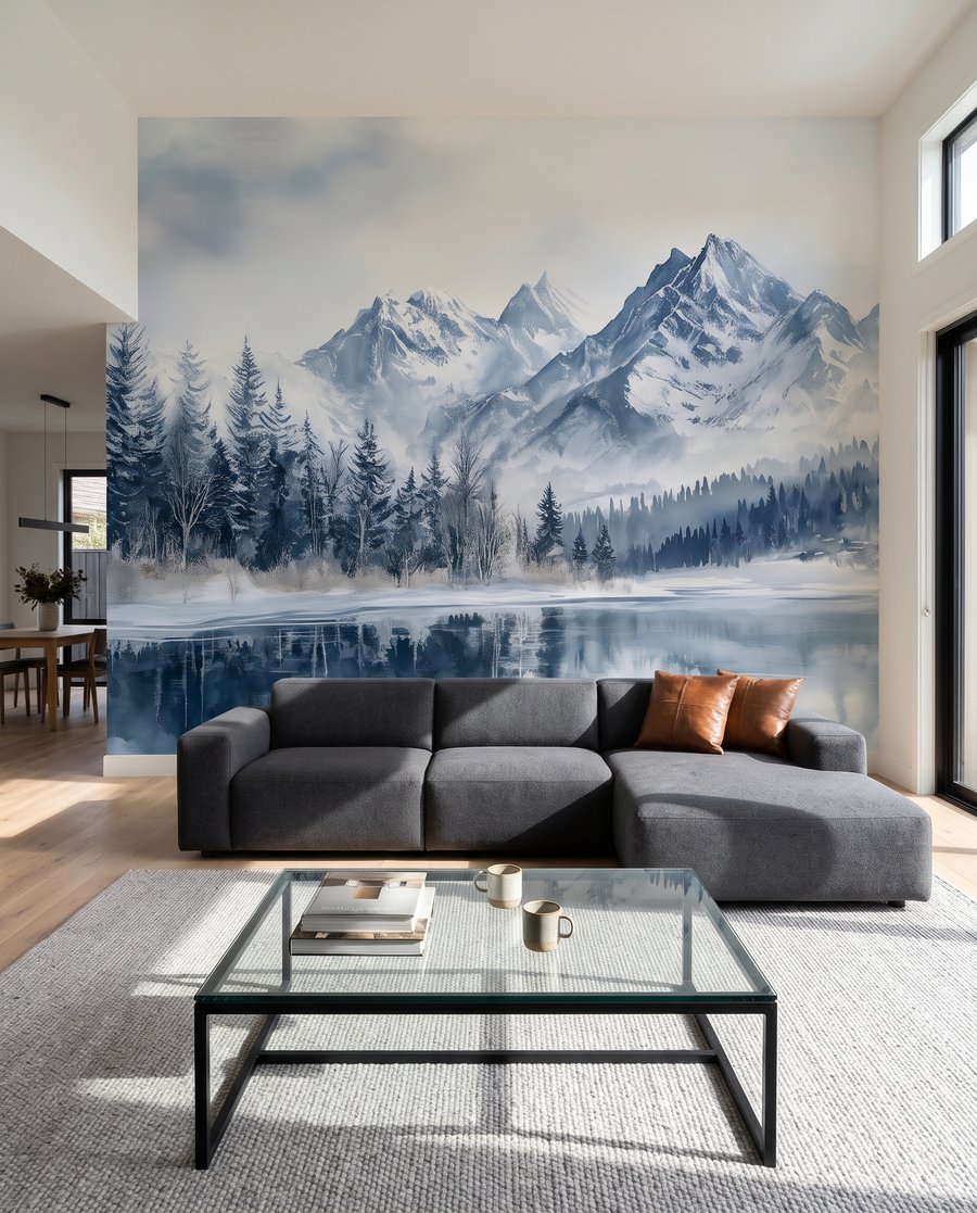 Winterwald im Spiegelbild in einem Interieur