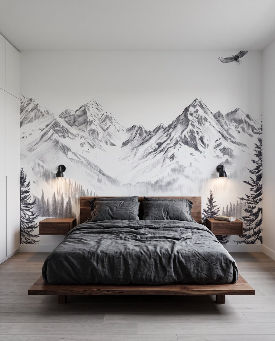Vögel über weißen Gipfeln in einem Interieur