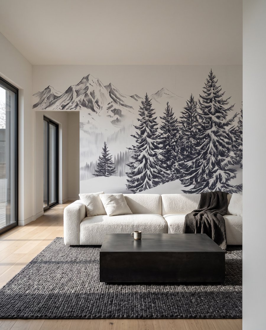 Vögel über weißen Gipfeln in einem Interieur