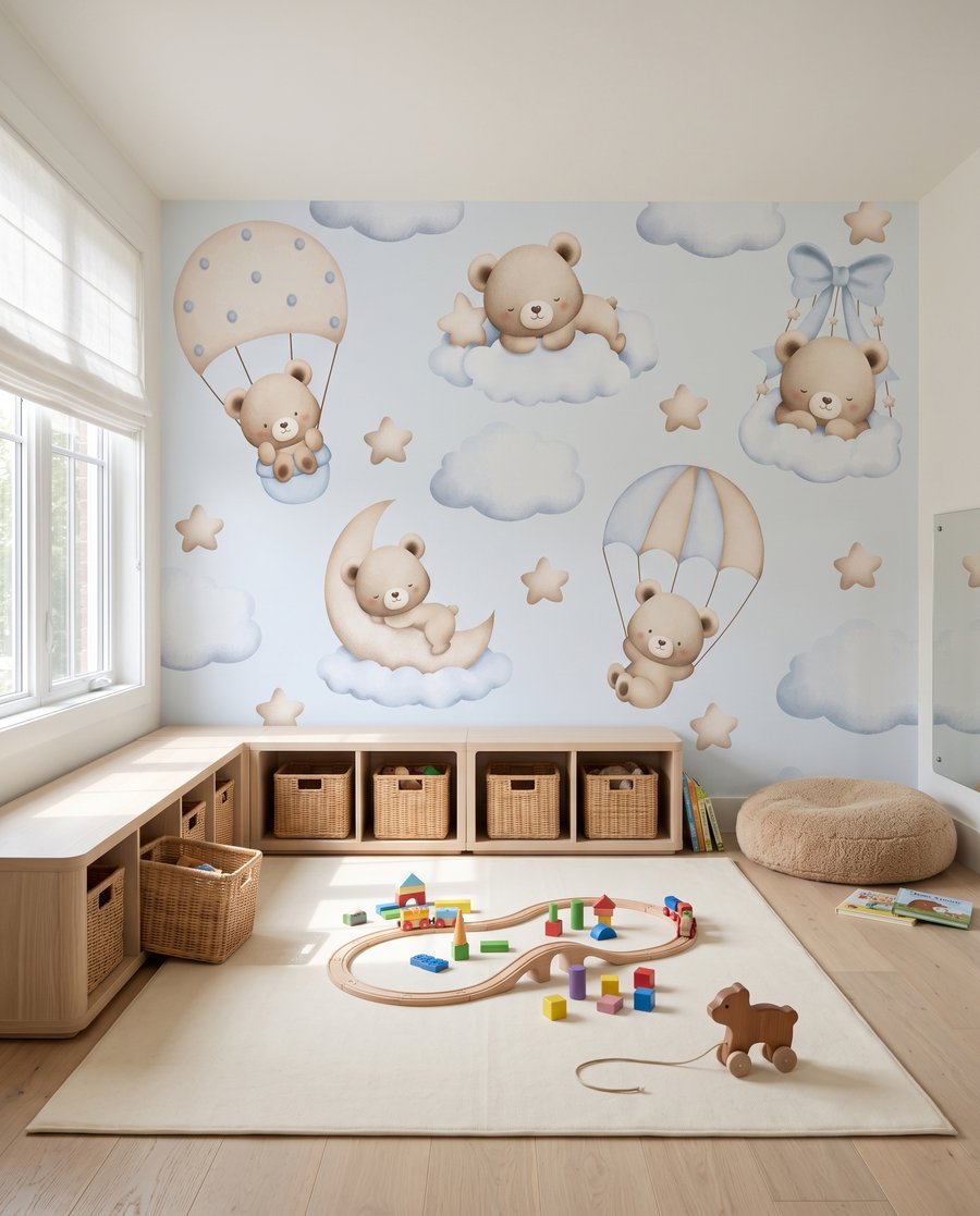 Bärchen auf Wolkenreise in einem Interieur