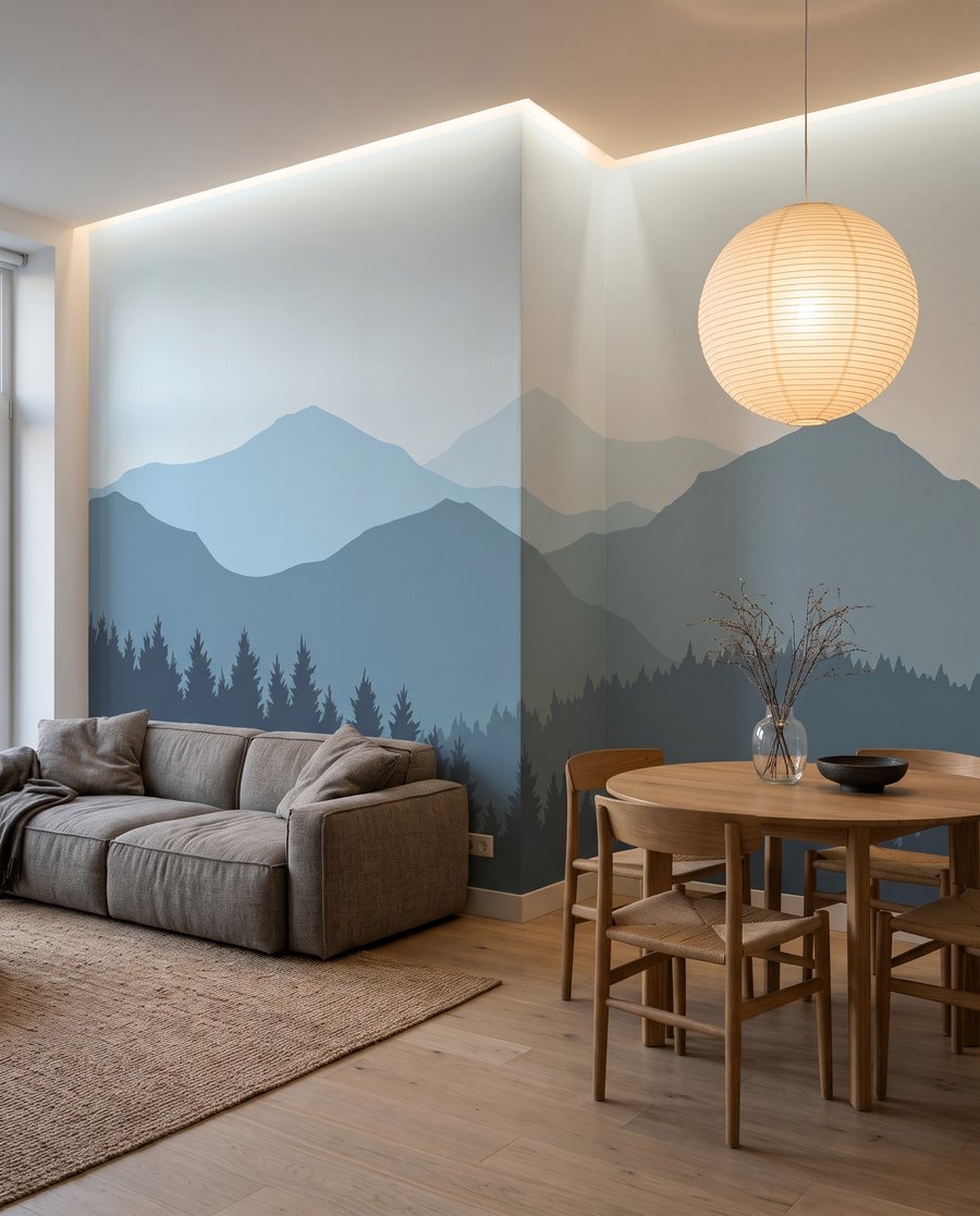 Bergsilhouetten hinter Kiefern in einem Interieur