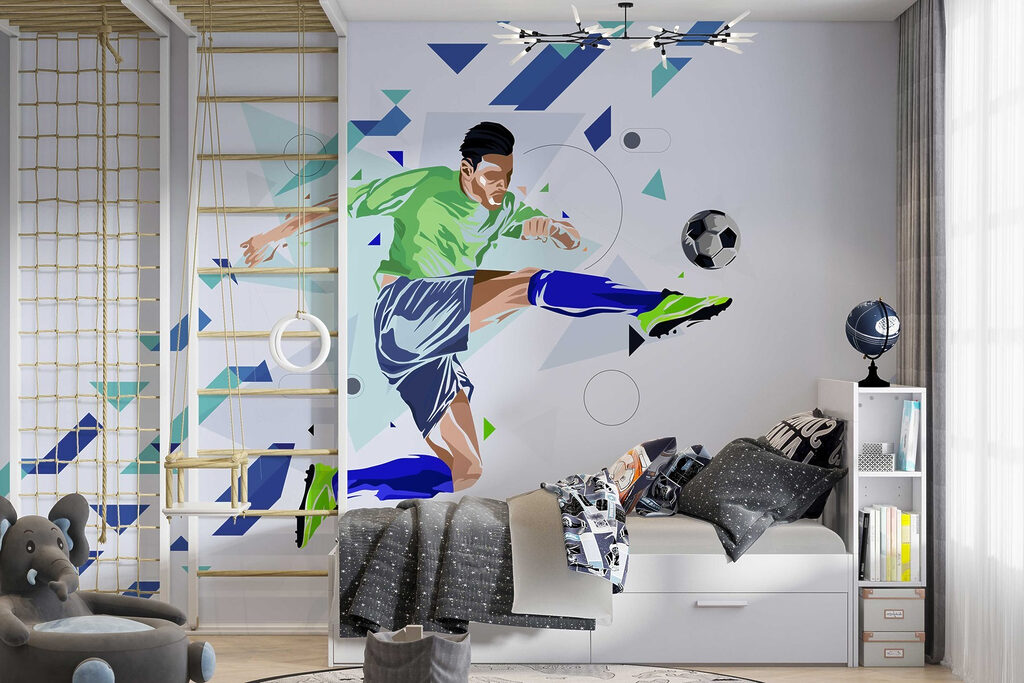 Fußballer zwischen blauen Pfeilen in einem Interieur