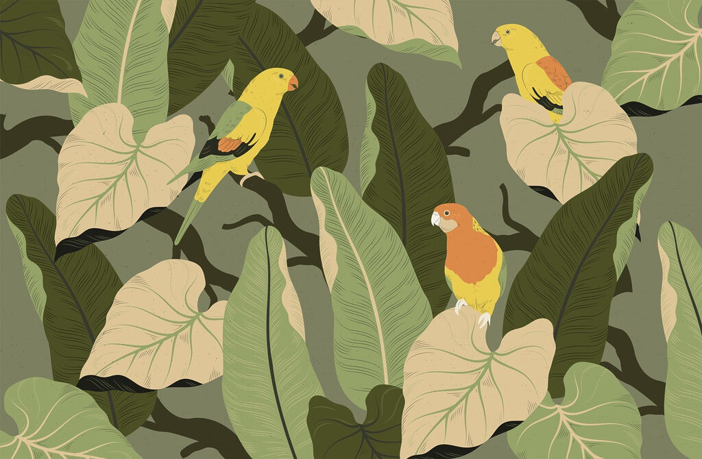Bunte Vögel im Garten — ganzes Design