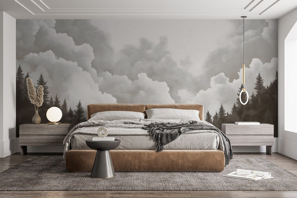 Kiefern unter hohen Wolken in einem Interieur