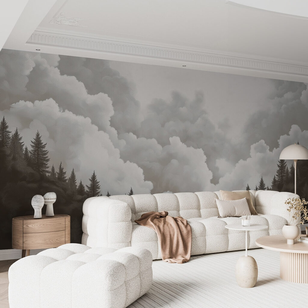 Kiefern unter hohen Wolken in einem Interieur