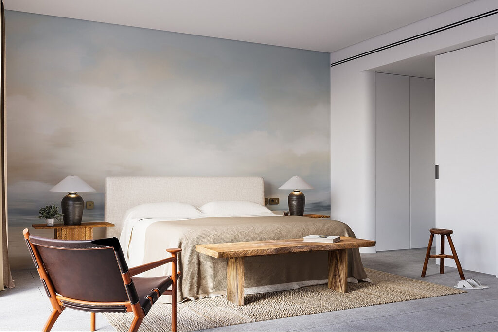 Strand unter gemalten Wolken in einem Interieur