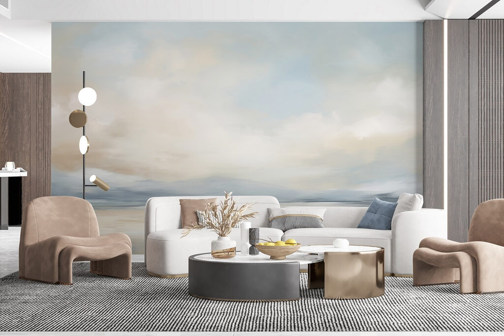 Strand unter gemalten Wolken in einem Interieur