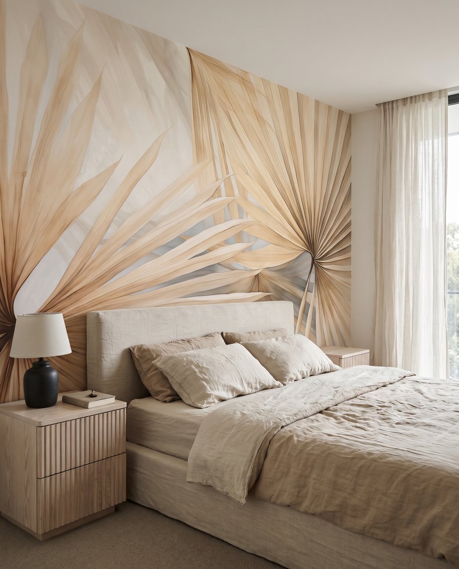 Palmfächer in Sandtönen in einem Interieur
