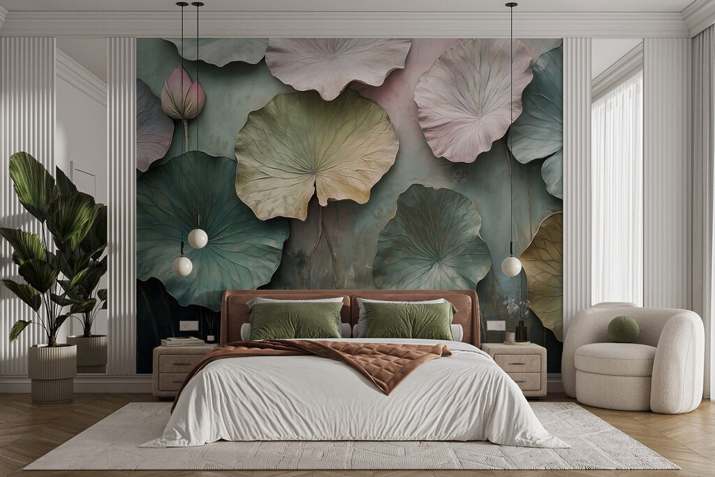 Runde Blätter in Pastell in einem Interieur