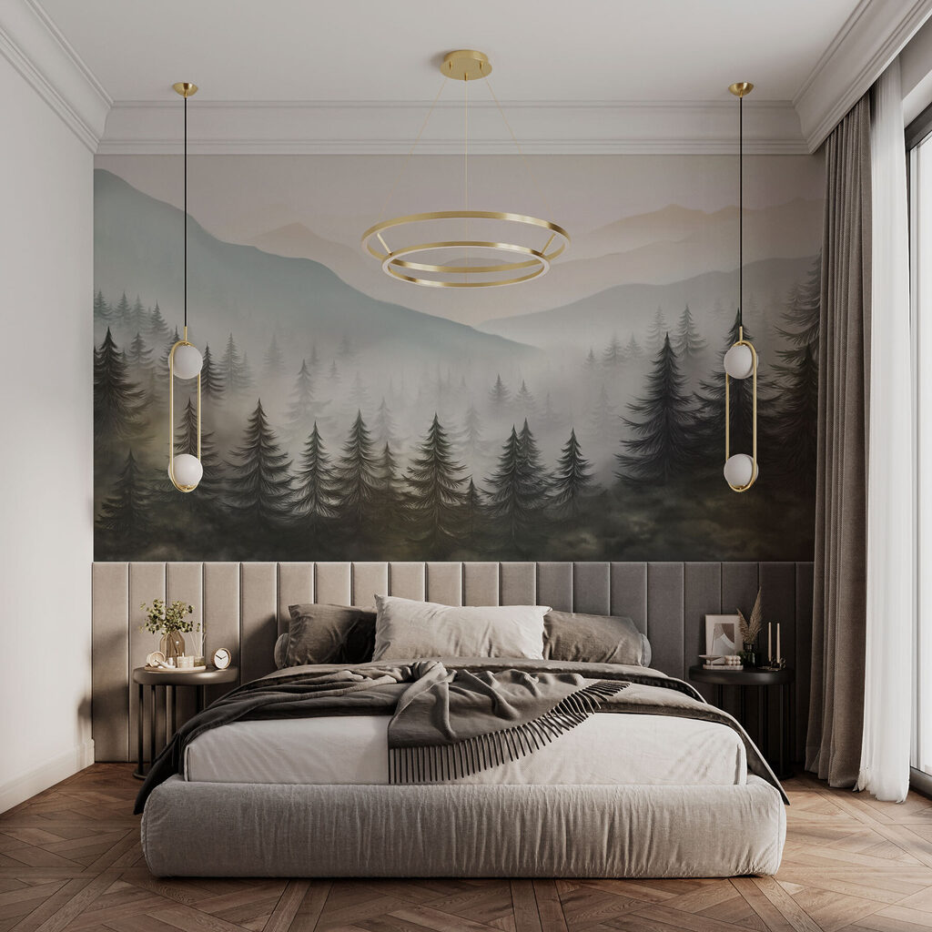 Kiefern vor nebligen Bergrücken in einem Interieur