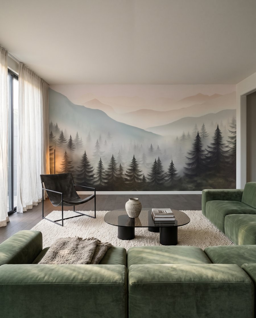 Kiefern vor nebligen Bergrücken in einem Interieur