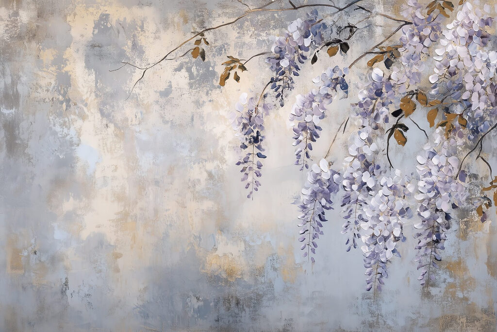 Lila Blüten auf Patina — ganzes Design