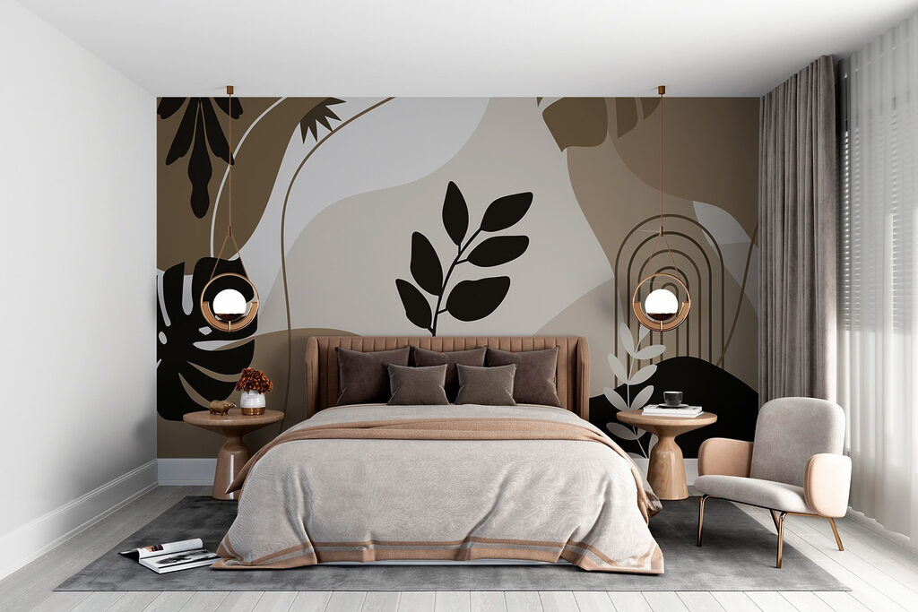 Blattformen zwischen Farbflächen in einem Interieur