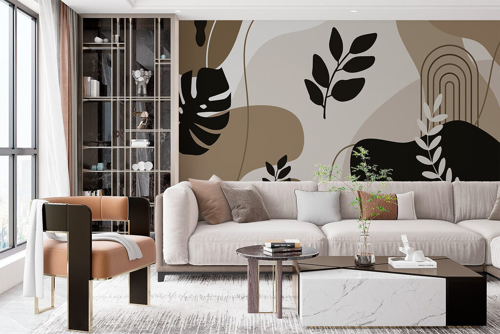 Blattformen zwischen Farbflächen in einem Interieur