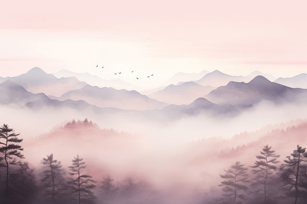 Bergtal im rosa Nebel — ganzes Design