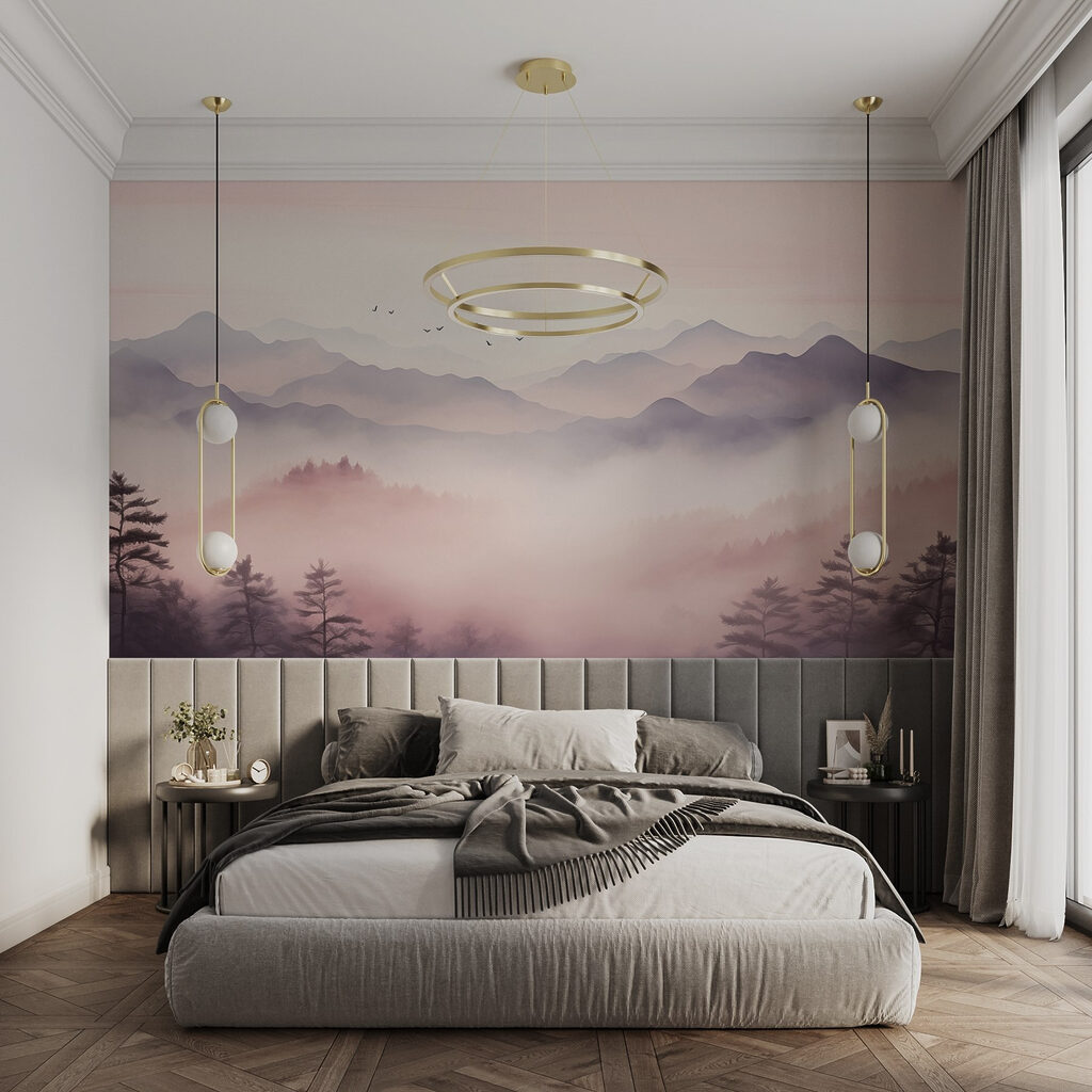 Bergtal im rosa Nebel in einem Interieur