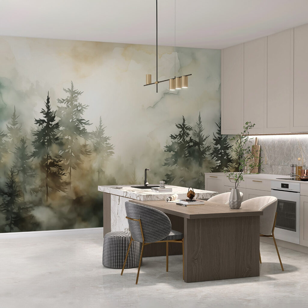 Licht hinter dunklen Kiefern in einem Interieur