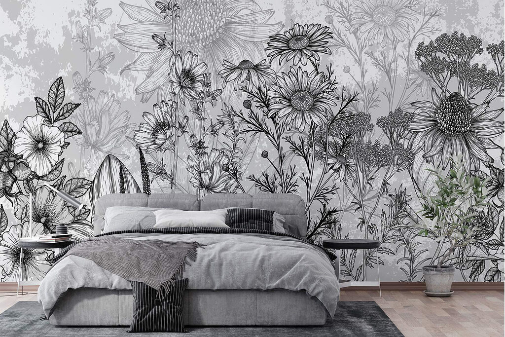 Blumenwiese in schwarzen Linien in einem Interieur