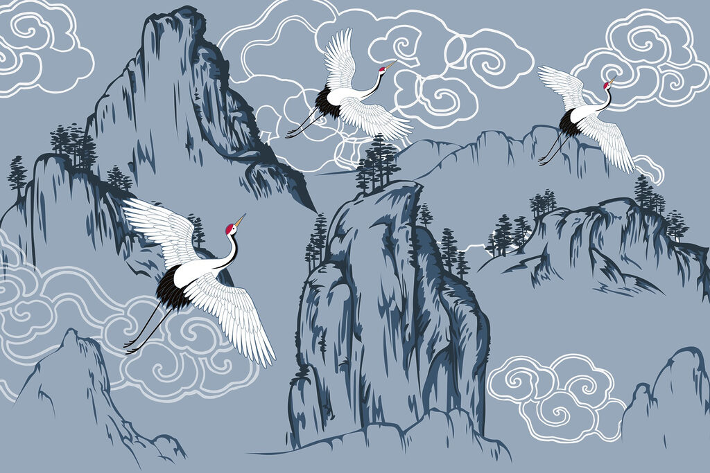 Kraniche über den Bergen — ganzes Design
