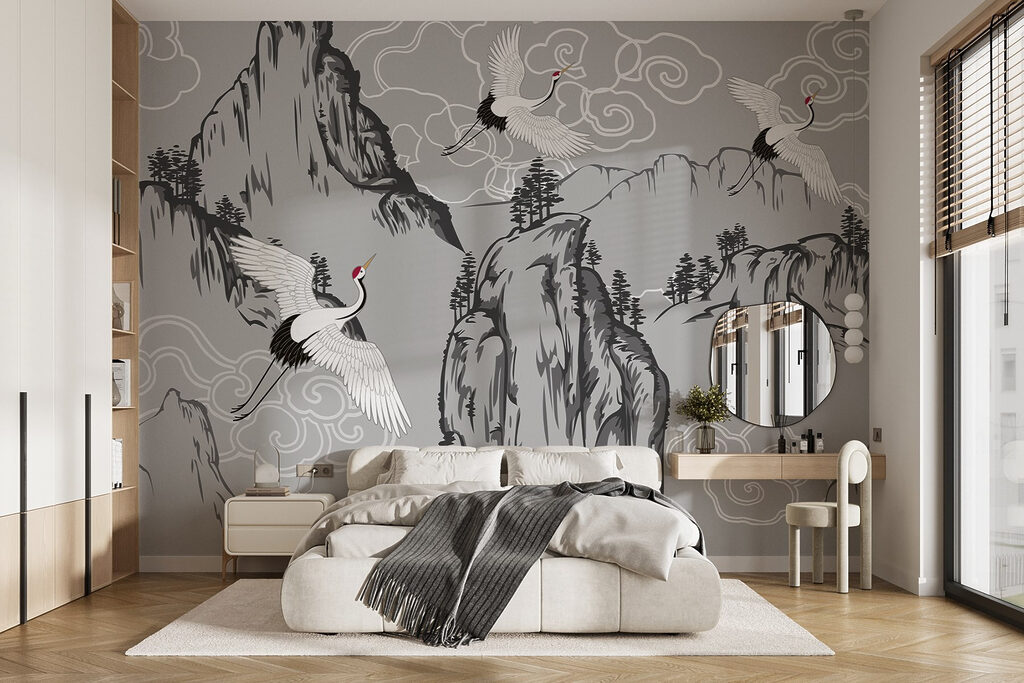 Kraniche über den Bergen in einem Interieur