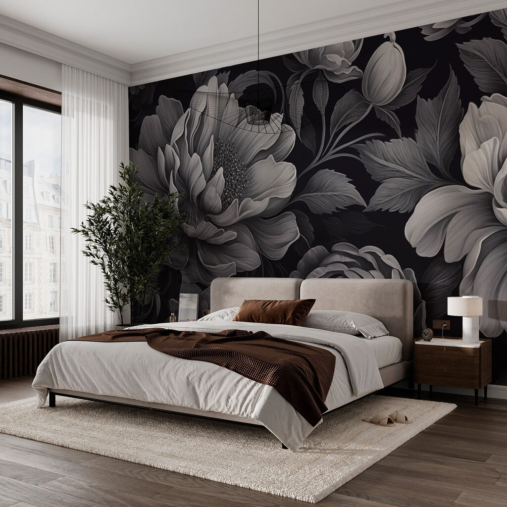 Graue Blüten auf Schwarz in einem Interieur