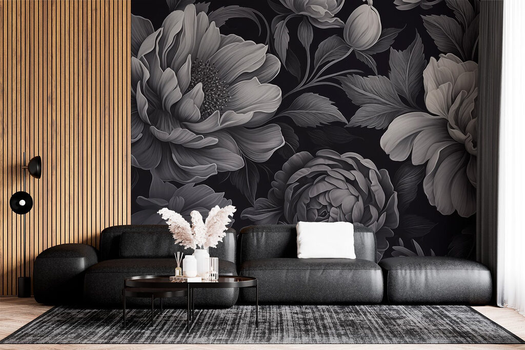 Graue Blüten auf Schwarz in einem Interieur