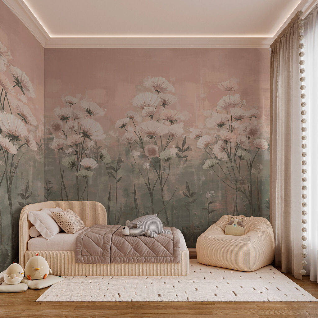 Weiße Blüten im Abenddunst in einem Interieur