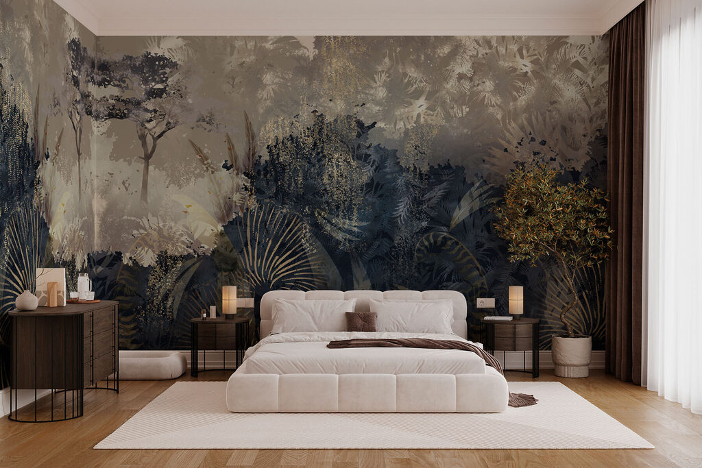 Palmwedel vor dem Wald in einem Interieur