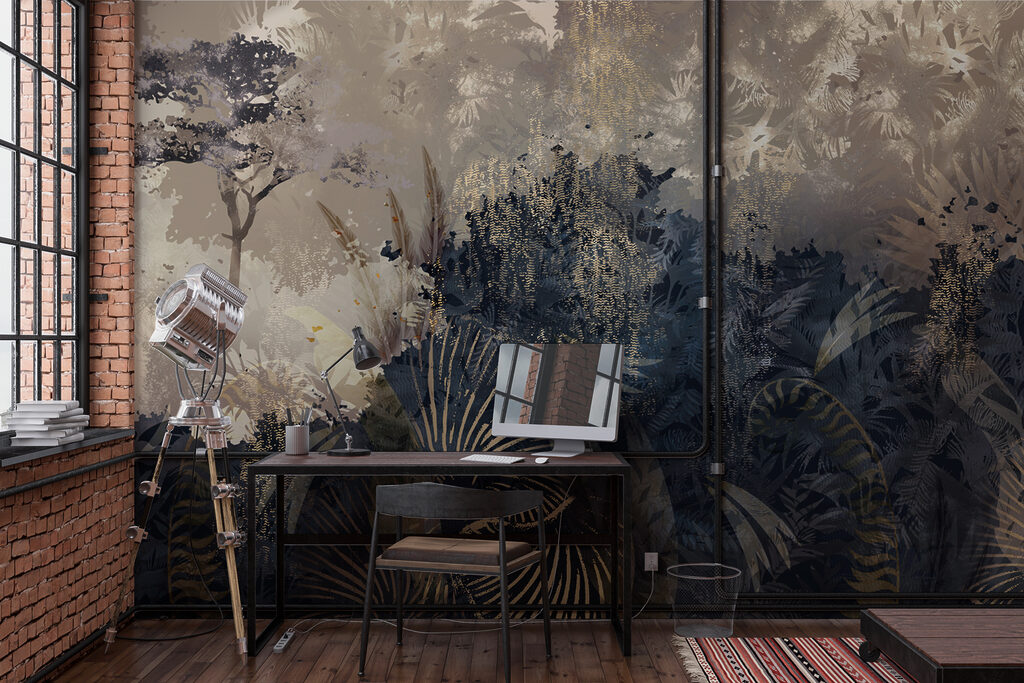 Palmwedel vor dem Wald in einem Interieur