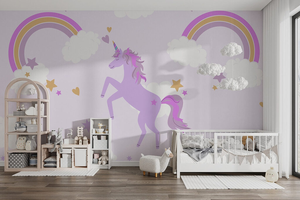 Einhorn mit Regenbögen in einem Interieur