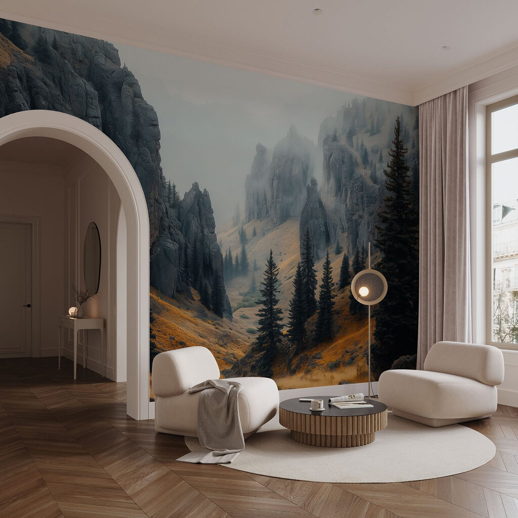 Kiefern in der Felsschlucht in einem Interieur
