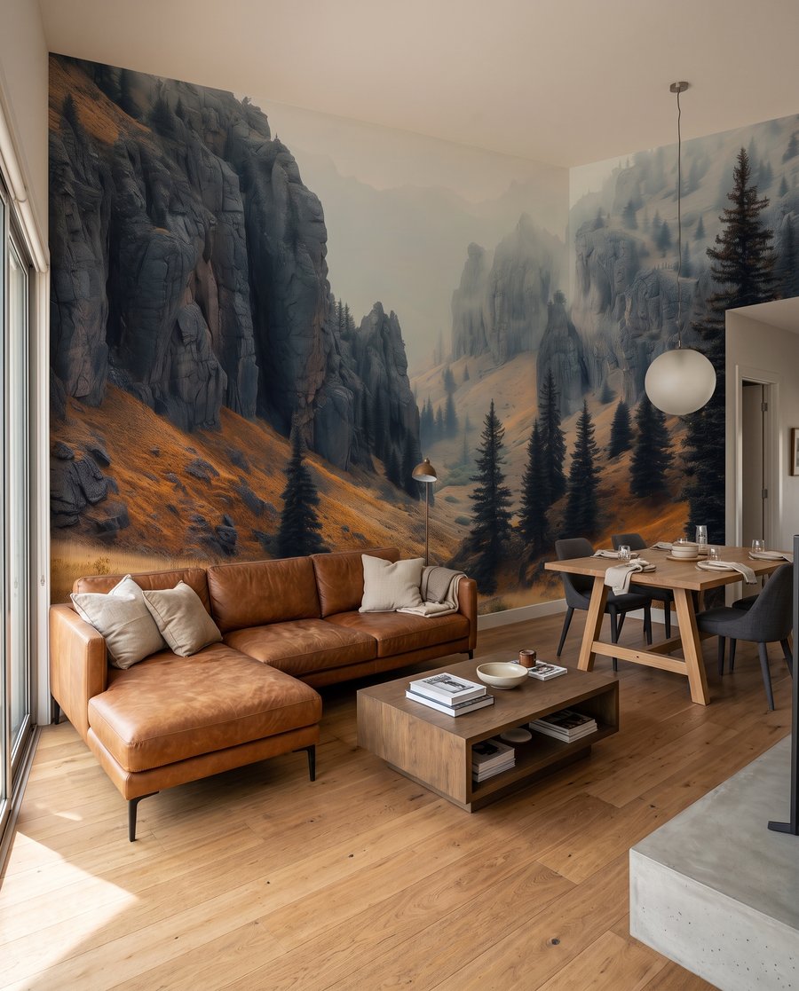 Kiefern in der Felsschlucht in einem Interieur