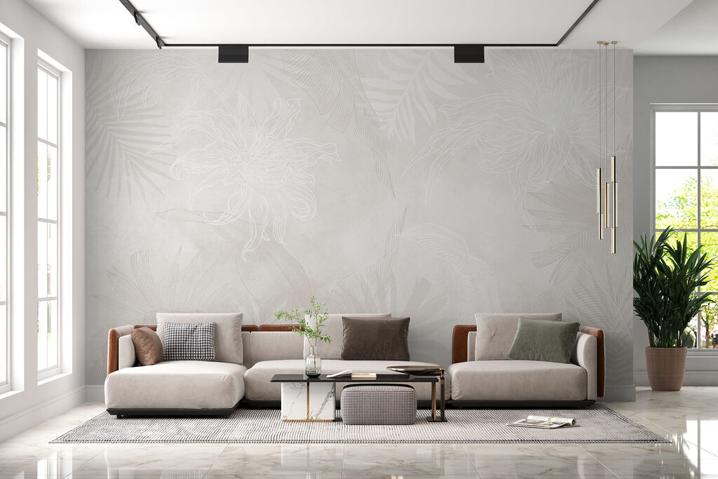 Verblasste Tropenblätter in einem Interieur