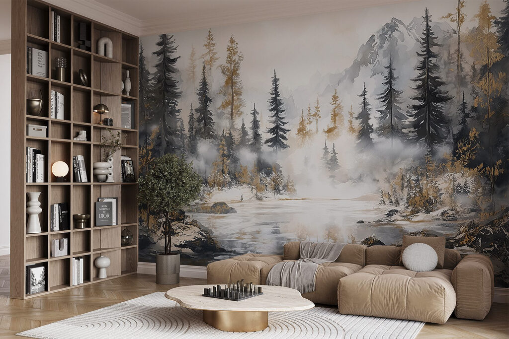 Herbstsee in den Bergen in einem Interieur