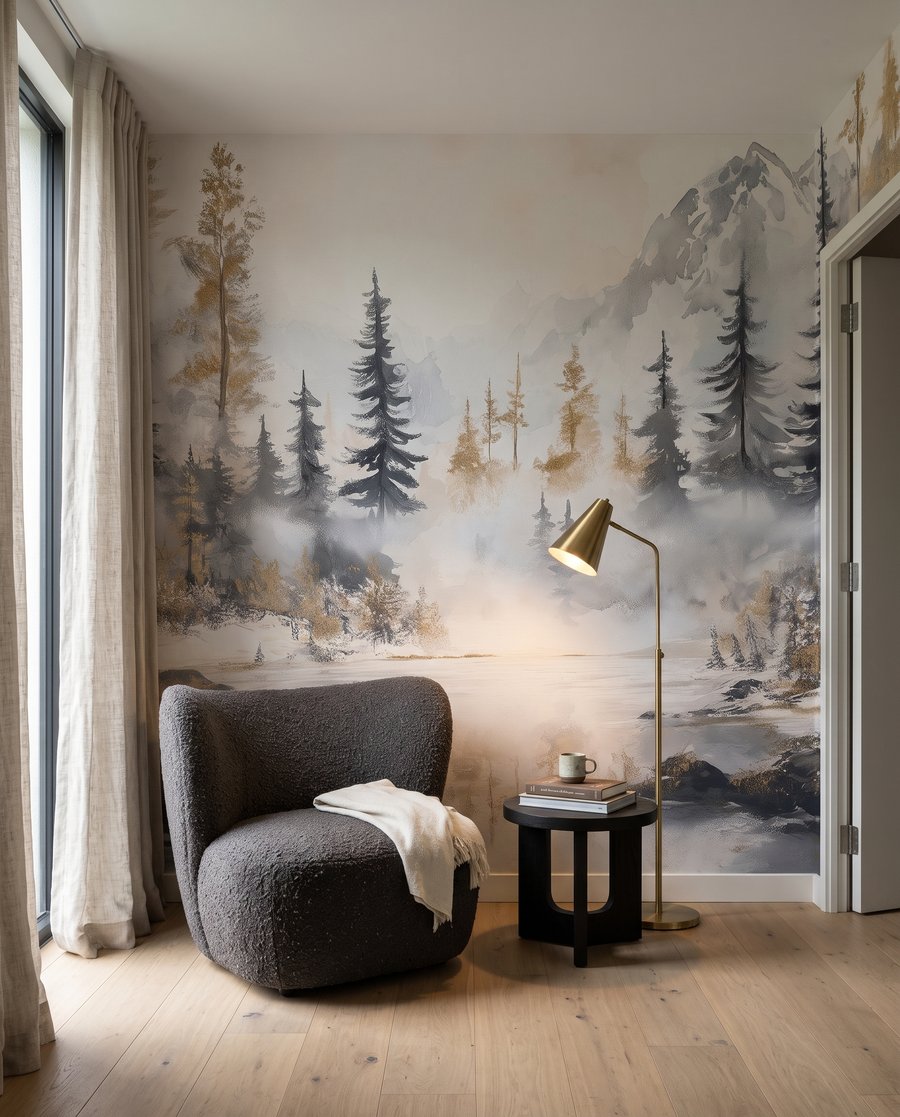 Herbstsee in den Bergen in einem Interieur