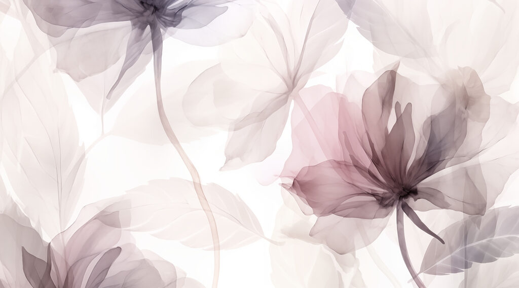Blüten in malvenfarbenen Schleiern — ganzes Design