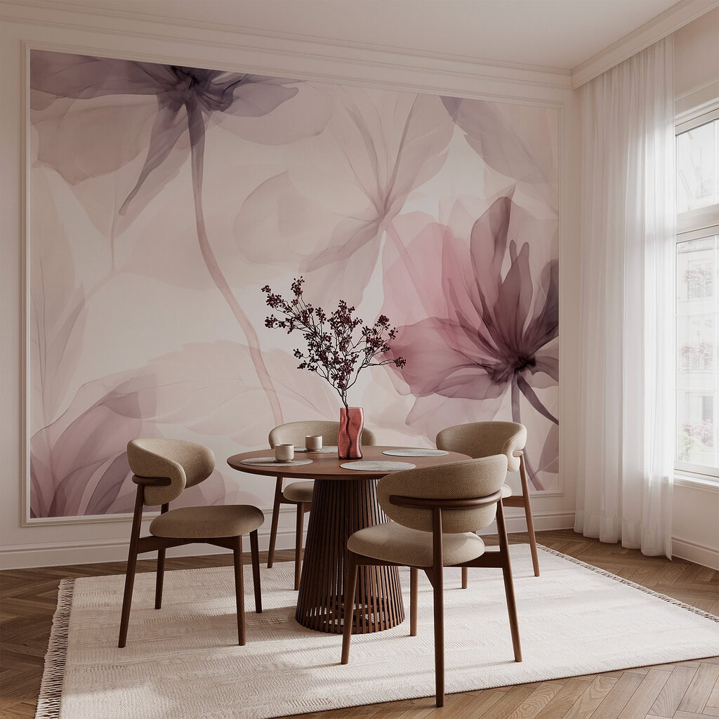 Blüten in malvenfarbenen Schleiern in einem Interieur