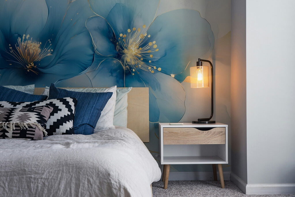 Blaue Blüten, goldene Tupfen in einem Interieur
