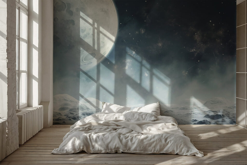 Mond über verschneiter Ebene in einem Interieur