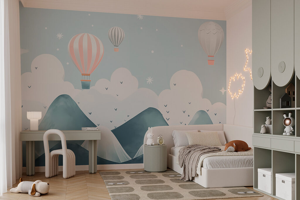 Heißluftballons über Gipfeln in einem Interieur