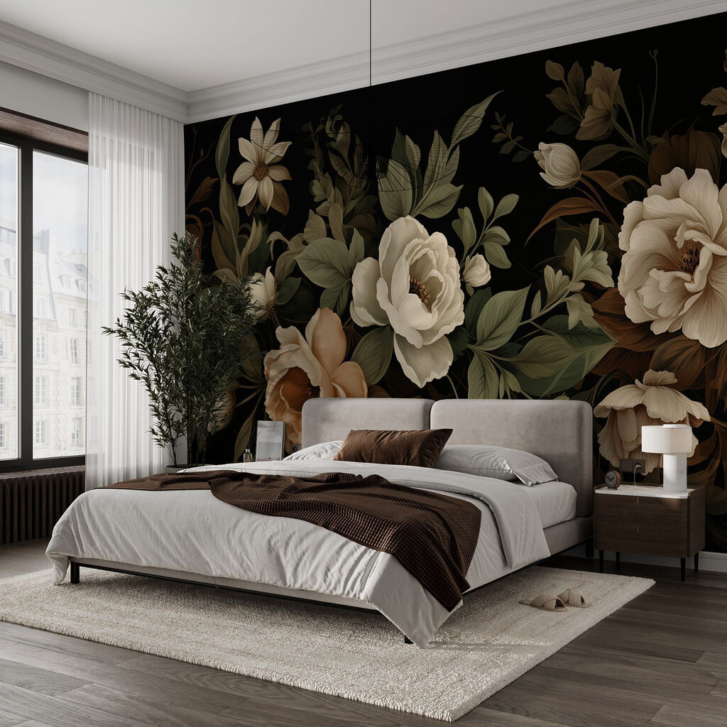 Nostalgische Blüten auf Schwarz in einem Interieur