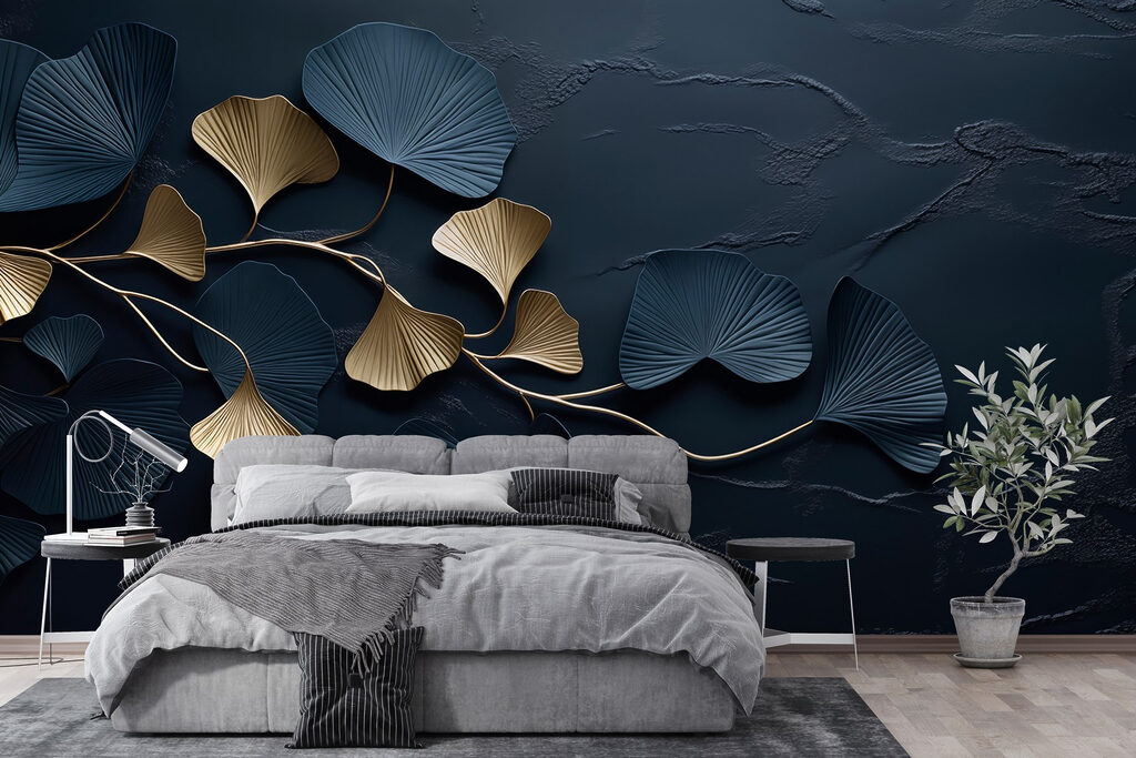 Goldene Fächer auf Nachtblau in einem Interieur