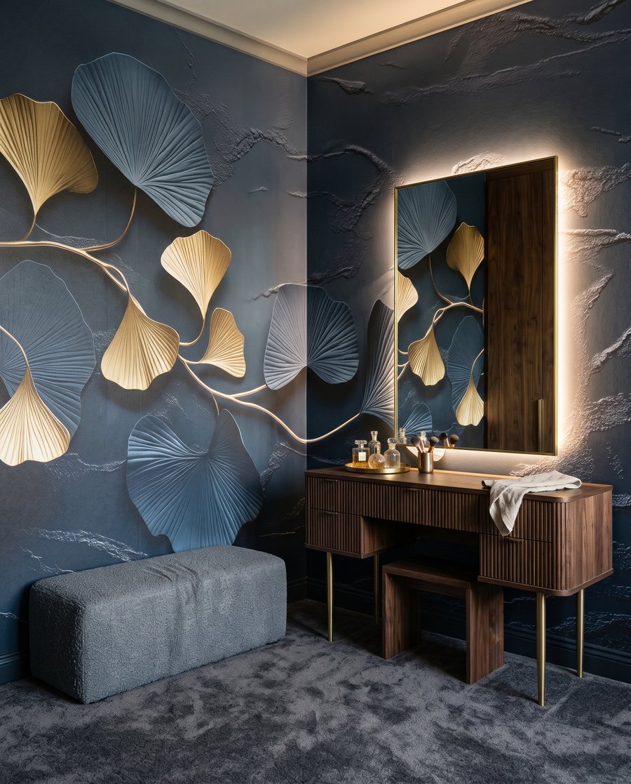 Goldene Fächer auf Nachtblau in einem Interieur