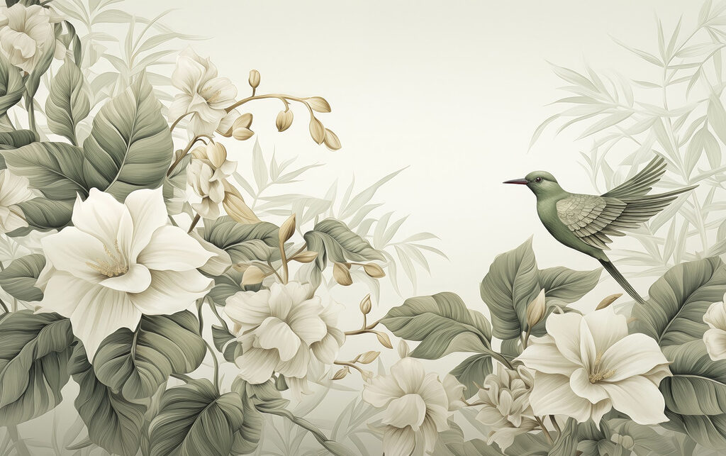 Kolibri zwischen cremeweißen Blüten — ganzes Design
