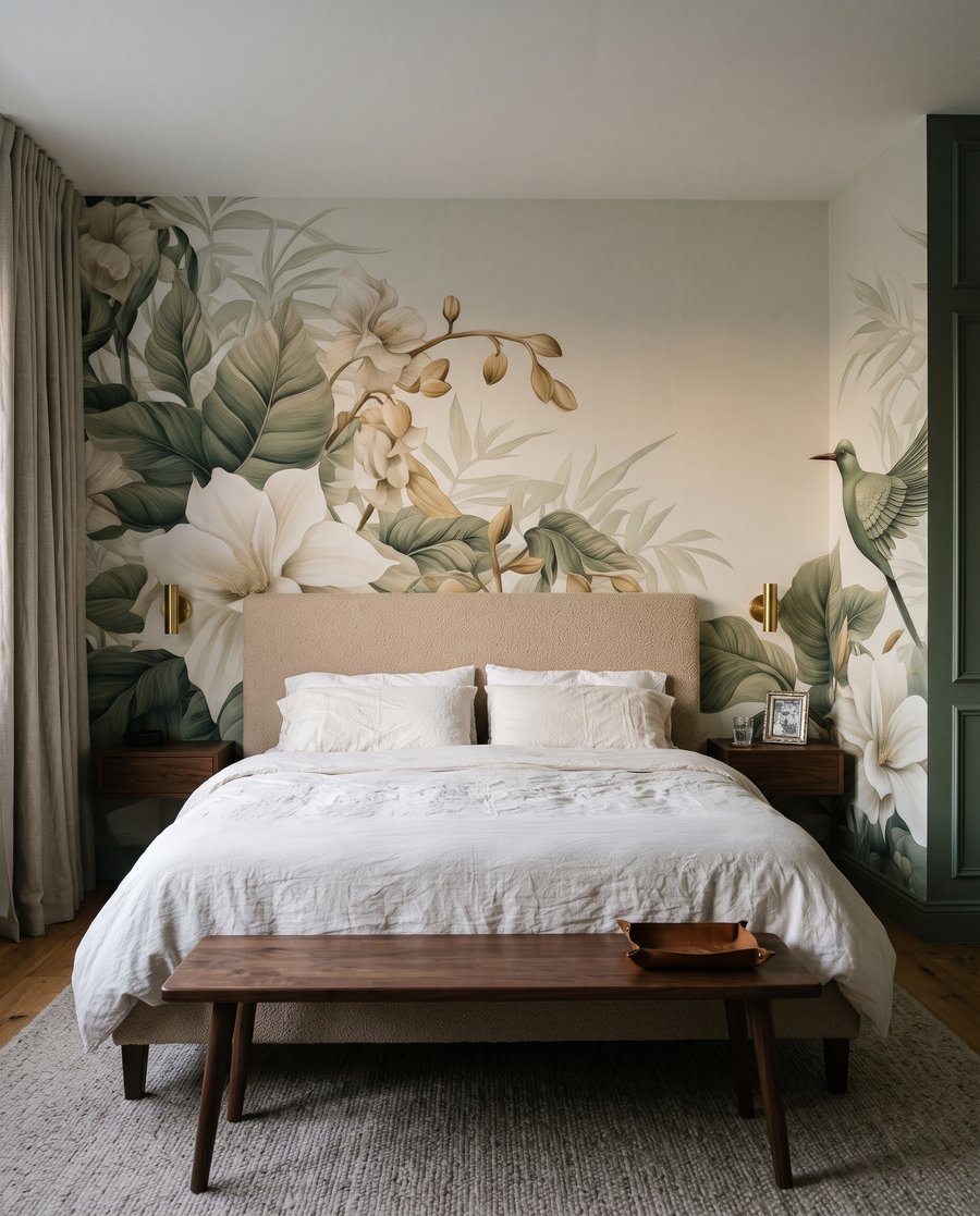 Kolibri zwischen cremeweißen Blüten in einem Interieur