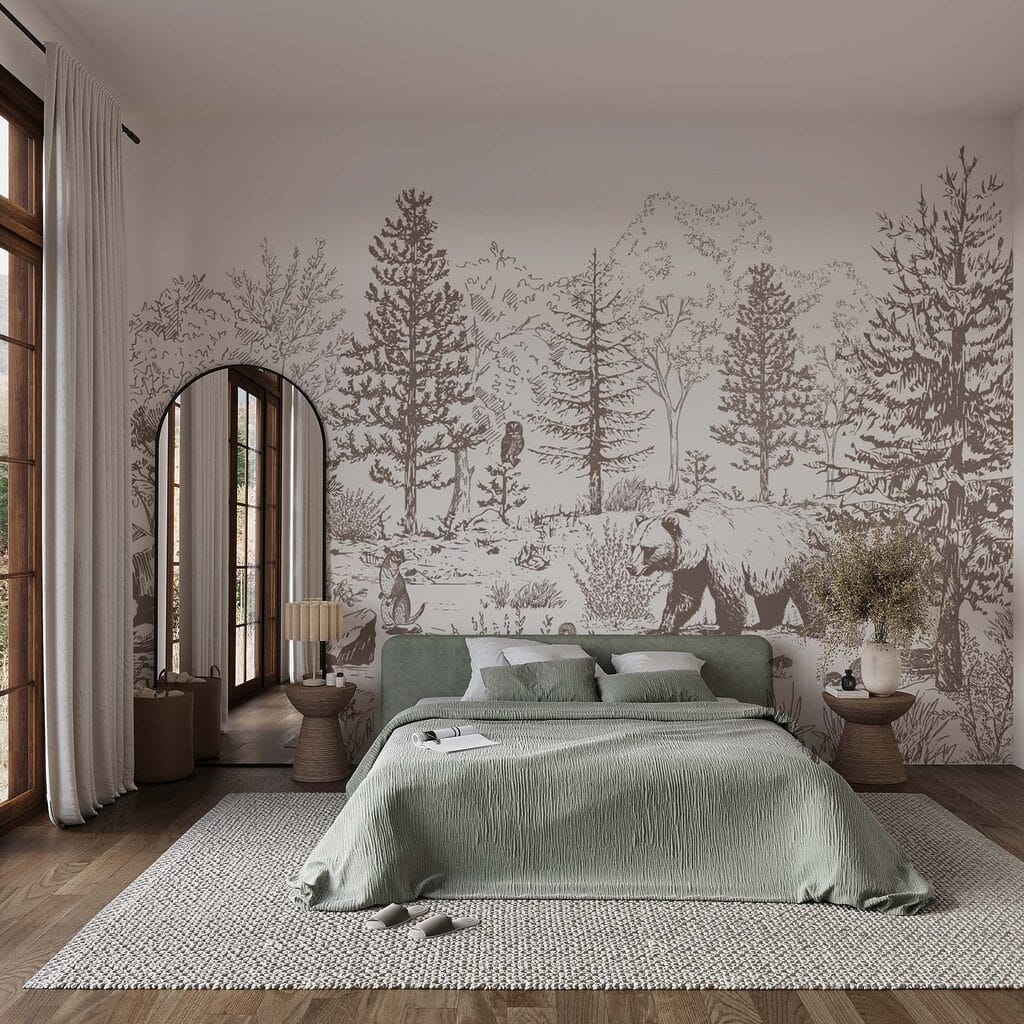 Bär im gezeichneten Wald in einem Interieur